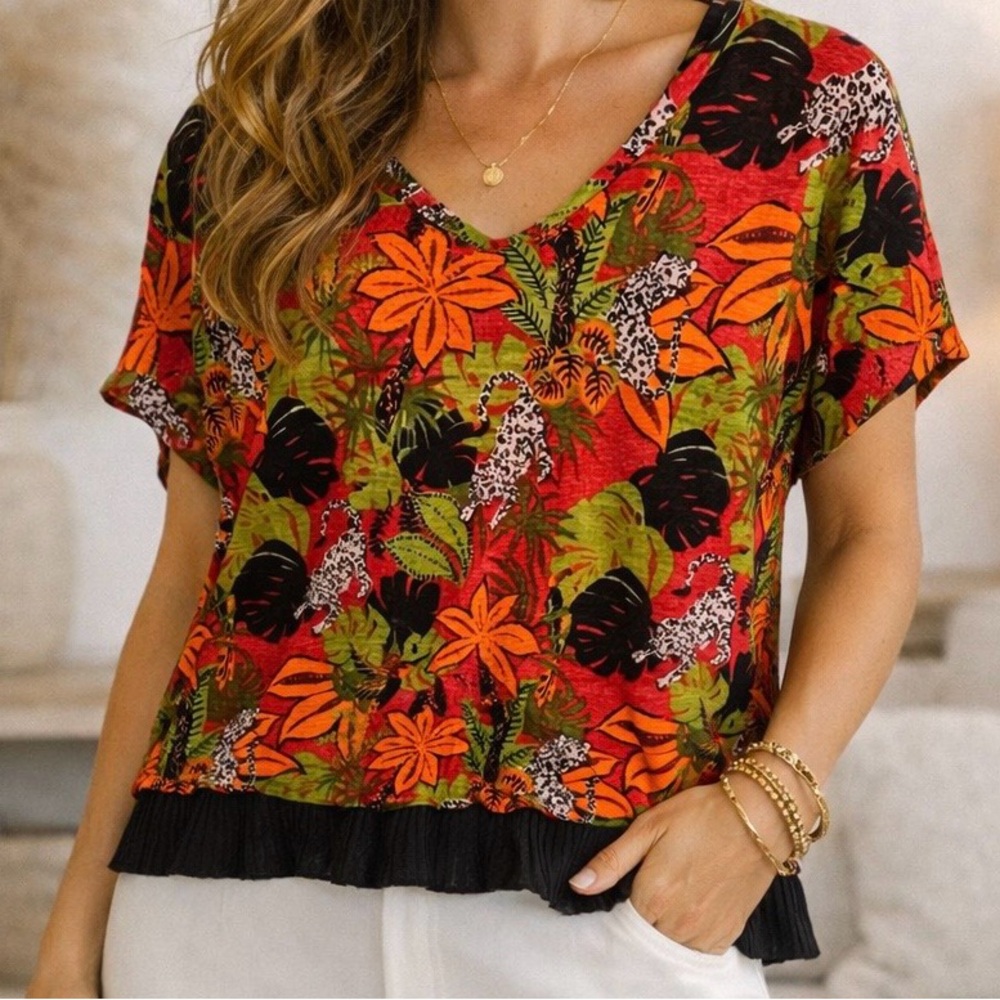 C&C California Linen Tropical Leopard Jungle Print Top Ruffle Hem Size Large